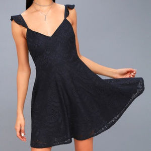 Navy Blue Lace Backless Skater Dress